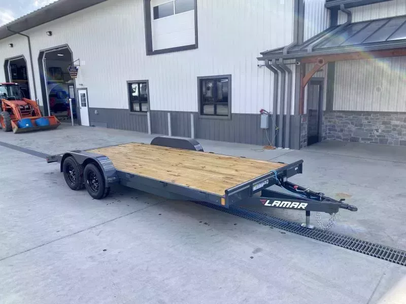 2026 Lamar 7x18 7000# Wood Deck Car Hauler Trailer * CHARCOAL * REMOVABLE FENDERS * EXTRA STAKE POCKETS * 5" CHANNEL FRAME * COLD WEATHER HARNESS * REAR RAMPS