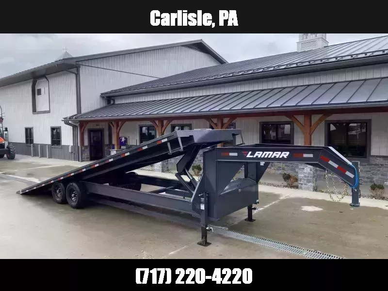 2026 Lamar 102x26' Gooseneck Deckover Power Tilt Trailer 14000# GVW * SCISSOR HOIST UPGRADE * SPARE TIRE * FRONT TOOLBOX * CHARCOAL POWDERCOAT * 10" I-BEAM FRAME+NECK * 6" CHANNEL BED RUNNER * WINCH PLATE * DUAL JACKS
