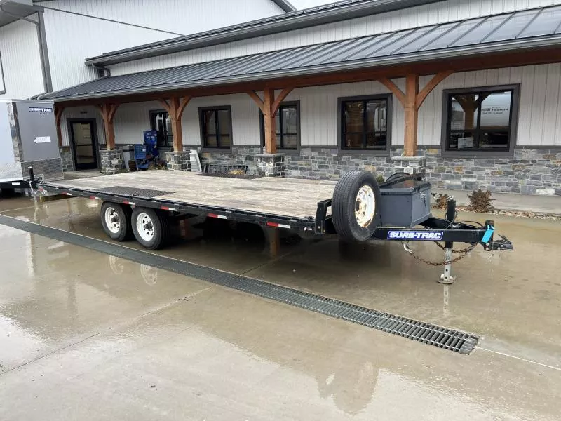 USED Sure-Trac 102x20 9900 GVW Deckover Trailer * SLIDE IN RAMPS *  ADJUSTABLE COUPLER * TOOLBOX * STAKE POCKETS AND RUB RAILS * 