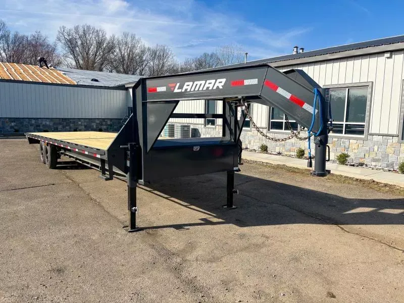 2026 Lamar 102x30' Gooseneck Deckover Trailer 14000# GVW 12" I BEAM * 8' SLIDE OUT RAMPS * FRONT TOOLBOX * DUAL JACKS * RUBRAIL/STAKE POCKETS/PIPE SPOOLS * SPARE TIRE * CHARCOAL