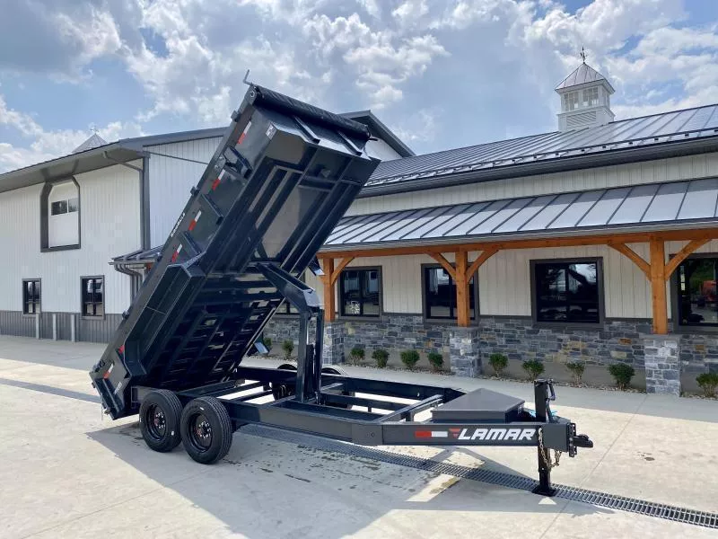 2026 Lamar 7x14' Dump Trailer 16000# GVW * 8000# AXLE UPGRADE * OVERSIZE 6X21.5 11-TON SCISSOR HOIST * 12K JACK * 7GA FLOOR * 17.5" 16-PLY TIRES * TARP KIT * CHARCOAL * RIGID RAILS * NESTLED I-BEAM FRAME