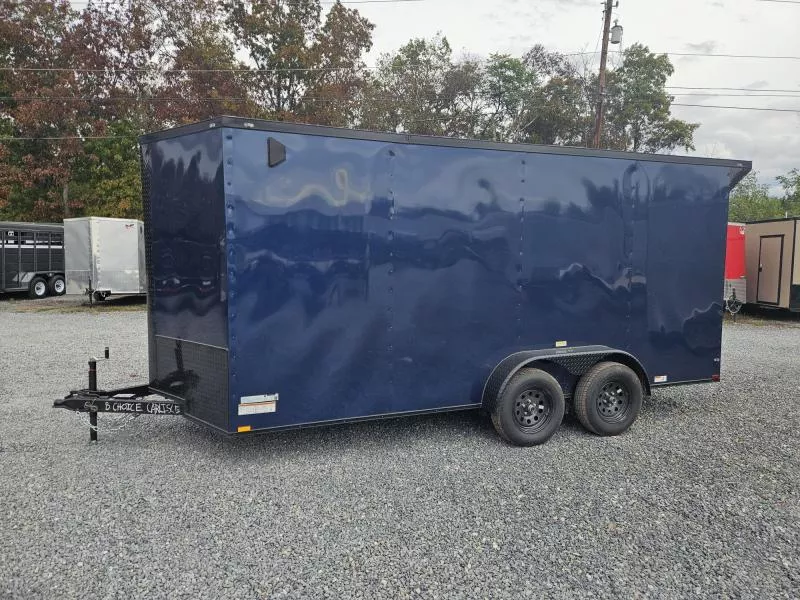 2025 Quality 7x16' Tandem Axle Enclosed Cargo Trailer 7000# GVW * BLACKOUT * 7' HEIGHT * REAR SPOILER * BLUE EXTERIOR * RAMP DOOR * PLYWOOD WALLS & FLOORS * TUBE WALL AND CEILING STUDS * LED LIGHTS * 16" O.C. WALL AND FLOORS * RV DOOR * V-NOSE