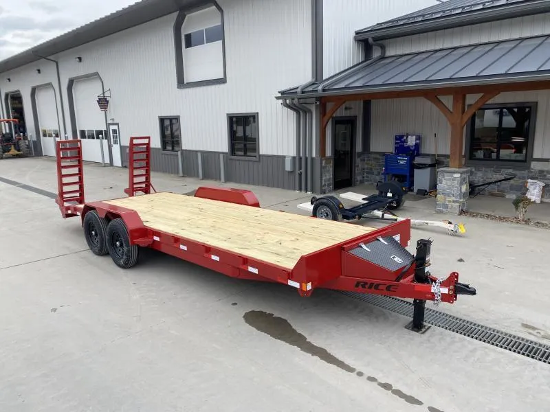 2026 Rice 7x20' Equipment Lowboy Trailer 14000# GVW * RED POWDERCOATED * STAND UP WEDGE RAMPS * TOOLBOX * LED'S * 6" TONGUE AND FRAME * TREADPLATE BEAVERTAIL * DROP LEG JACK * ADJUSTABLE COUPLER