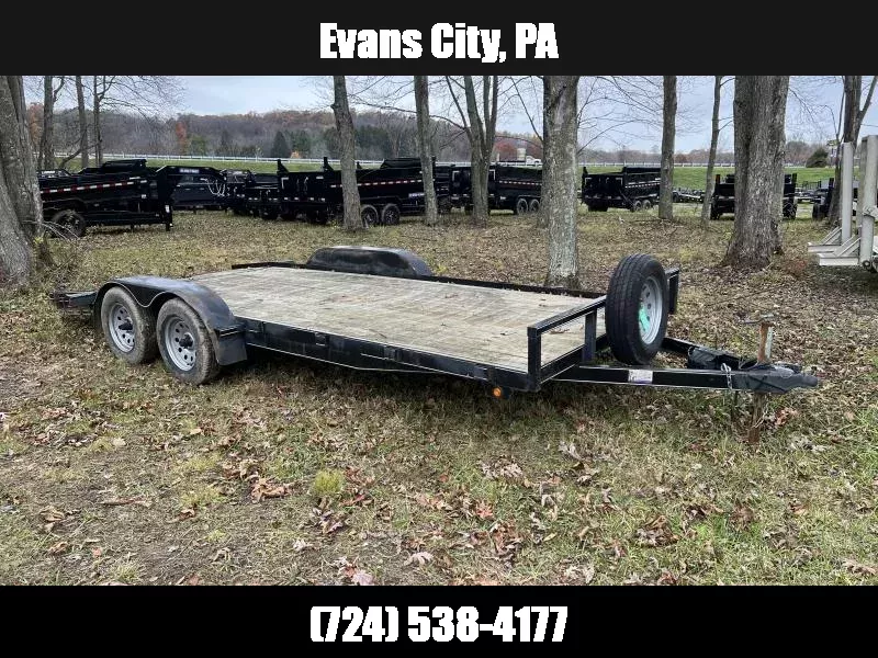 USED Lone Wolf Trailer 7x18' Wood Deck Car Hauler Trailer 7000# GVW * SLIDE IN RAMPS * STAKE POCKETS * SPARE TIRE + MOUNT * TEARDROP FENDERS * 2' DOVETAIL 1763403084