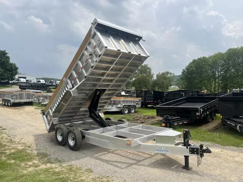 2026 Nordtek 7x16' Aluminum High Side Dump Trailer 16000# GVW * HYDRAULIC JACK * 3' HIGH SIDES * 8000# AXLES * 7GA FLOOR * SCISSOR LIFT * ALUMINUM TOOLBOX & WHEELS * 8" TONGUE * RAMPS INCLUDED * DELUXE TARP KIT * 12" O.C. CROSSMEMBERS