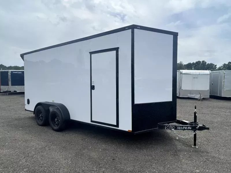 2026 Quality 7x16' Tandem Axle Enclosed Cargo Trailer 7000# GVW * SLANT V-NOSE * BLACKOUT PKG * REAR SPOLIER * WHITE .080 POLYCOR SEMI-SCREWLESS * 7' HEIGHT * PLYWOOD WALLS & FLOORS * TUBE WALL & CEILING STUDS * 16" O.C. WALL & FLOORS