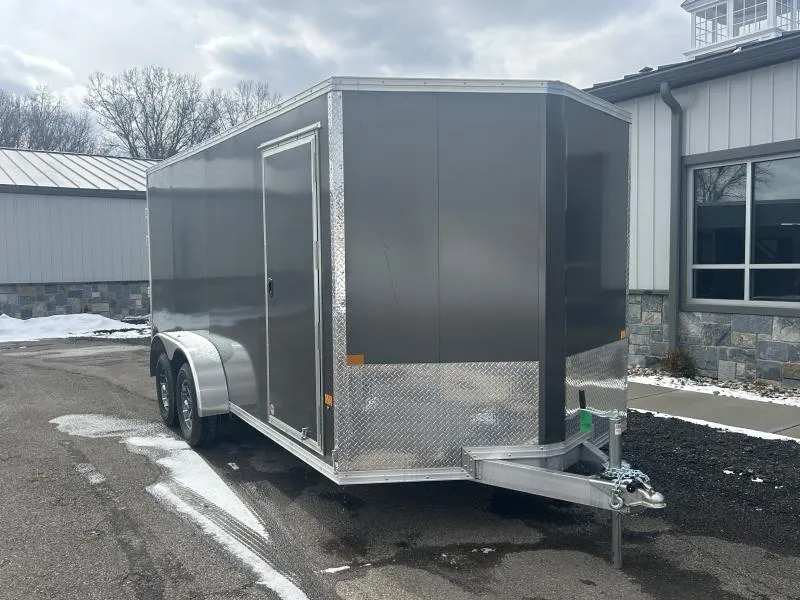 2026 E-Z Hauler 7x16' Aluminum Enclosed Cargo Trailer 7000# GVW * BARN DOORS WITH CUSTOM RAMP COMBO * 6'6" INTERIOR * WHITE .080 POLYCOR SCREWLESS EXTERIOR * ALUMINUM WHEELS * 1 PC ROOF