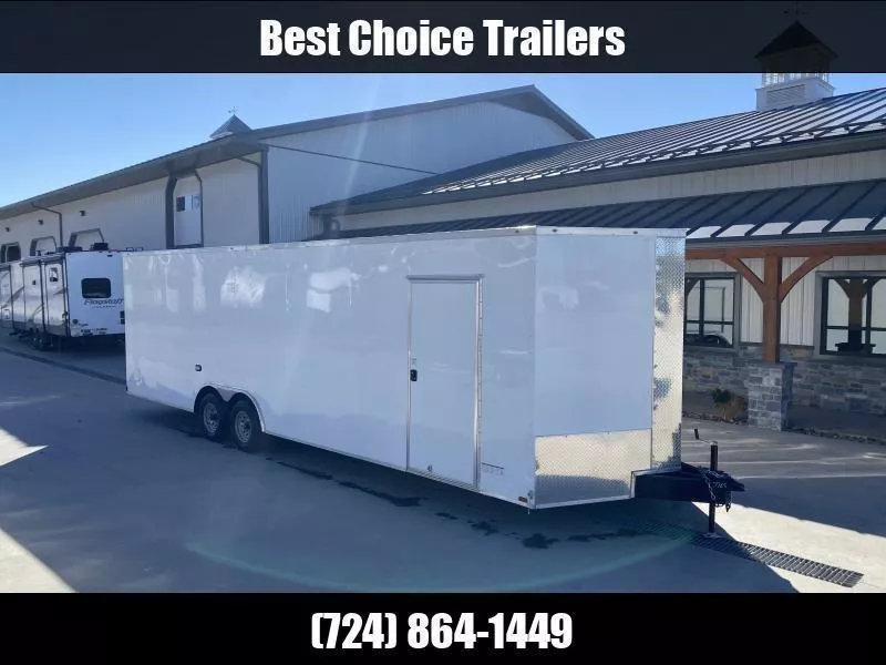 2026 Xtreme Cargo 8.5x24 Enclosed Car Hauler Trailer 9990# GVW * WHITE EXTERIOR * ESCAPE DOOR * 7' HEIGHT UTV PKG * 5200# AXLES * .080 POLYCOR SEMI-SCREWLESS * RV DOOR * PLYWOOD WALLS AND FLOOR * TUBE STUDS * D-RINGS * 6" TUBE FRAME