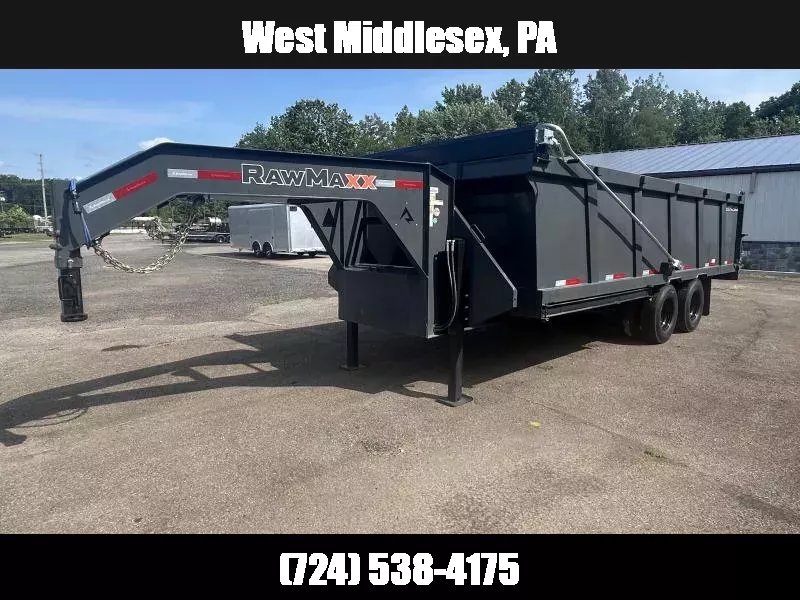 2025 RawMaxx 8x20' Gooseneck Deckover Dump Trailer 20000# GVW * DUAL HYDRAULIC JACKS * 10000# DEXTER AXLES * 14-PLY TIRES * TARP KIT * 44" HIGH SIDES * 12"/19# I-BEAM FRAME * 6X30" SCISSOR HOIST * 3-WAY COMBO GATE * RAMPS * HD TOP RAIL * STAB JACKS 1753811087