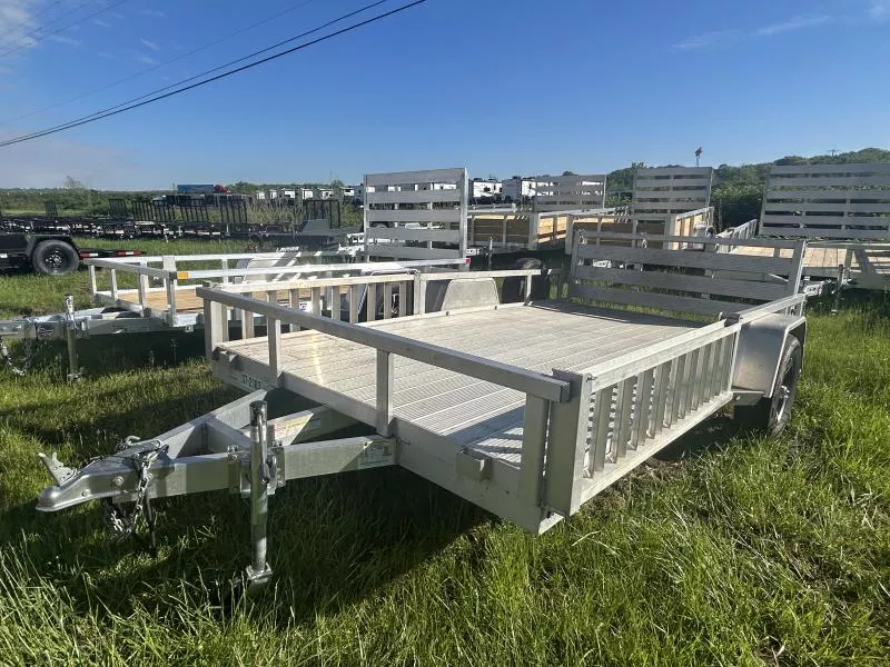 USED Sure Trac 7x12' Aluminum Tube Top ATV Utility Landscape Trailer 2990# GVW * EXTRUDED ALUMINUM FLOOR * ALUMINUM WHEELS * ATV SIDE RAMPS * TRIPLE TUBE TONGUE * SWIVEL JACK * TUBE TOP * SPARE MOUNT