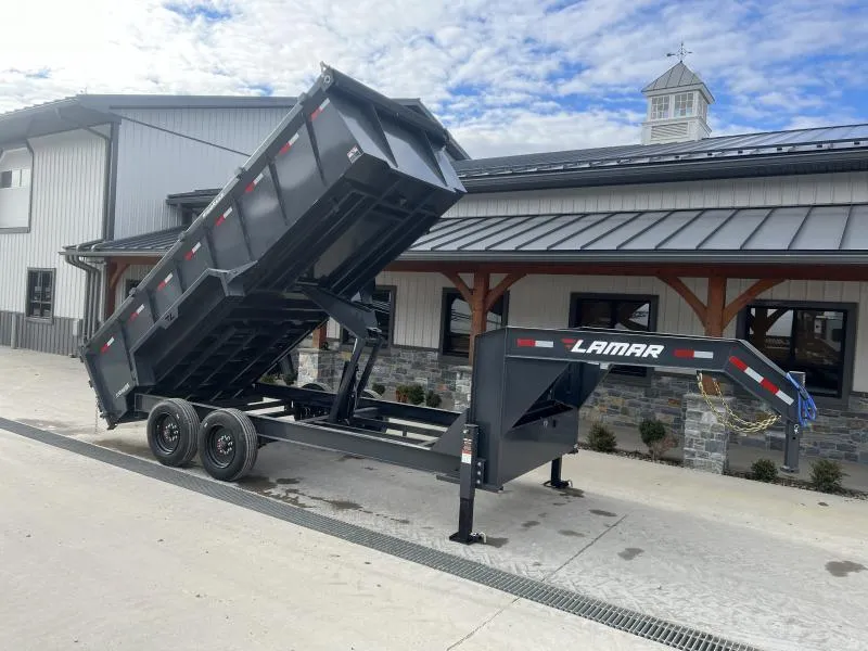 2026 Lamar 7x16' Gooseneck Dump Trailer 16000# GVW * 3' HIGH SIDES * 8000# AXLE UPGRADE * 17.5 RUBBER * OVERSIZE 6x21.5 SCISSOR * 7 GAUGE FLOOR * RIGID RAILS * DELUXE TARP * COMBO GATE * I-BEAM FRAME