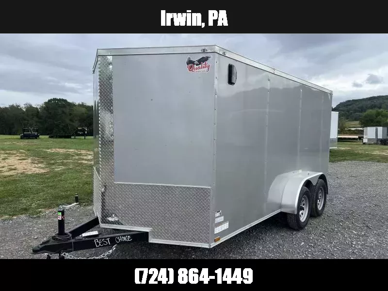 2026 Quality 7x14' Tandem Axle Enclosed Cargo Trailer 7000# GVW * SILVER .080 POLYCOR EXTERIOR * SEMI-SCREWLESS * RAMP DOOR * PLYWOOD WALLS & FLOORS * TUBE WALL AND CEILING STUDS * LED LIGHTS * 16" O.C. WALL AND FLOORS * RV DOOR * V-NOSE