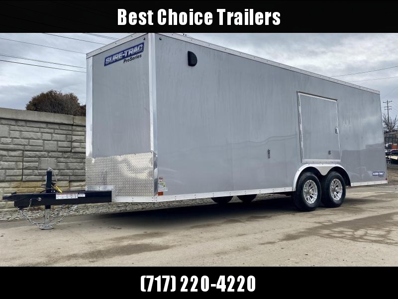 2023 Sure-Trac 8.5x20' Deluxe Pro Series Enclosed Car Hauler Trailer 9900# GVW * SILVER EXTERIOR * V-NOSE * RAMP * 5200# TORSION AXLES * VINYL WALLS * ESCAPE HATCH * .030 SCREWLESS EXTERIOR * ALUMINUM WHEELS * 1 PC ROOF * 48" RV DOOR 2023 Sure-Trac 8.5x20' Deluxe Pro Series Enclosed Car Hauler Trailer 9900# GVW * SILVER EXTERIOR * V-NOSE * RAMP * 5200# TORSION AXLES * VINYL WALLS * ESCAPE HATCH * .030 SCREWLESS EXTERIOR * ALUMINUM WHEELS * 1 PC ROOF * 48" RV DOOR
