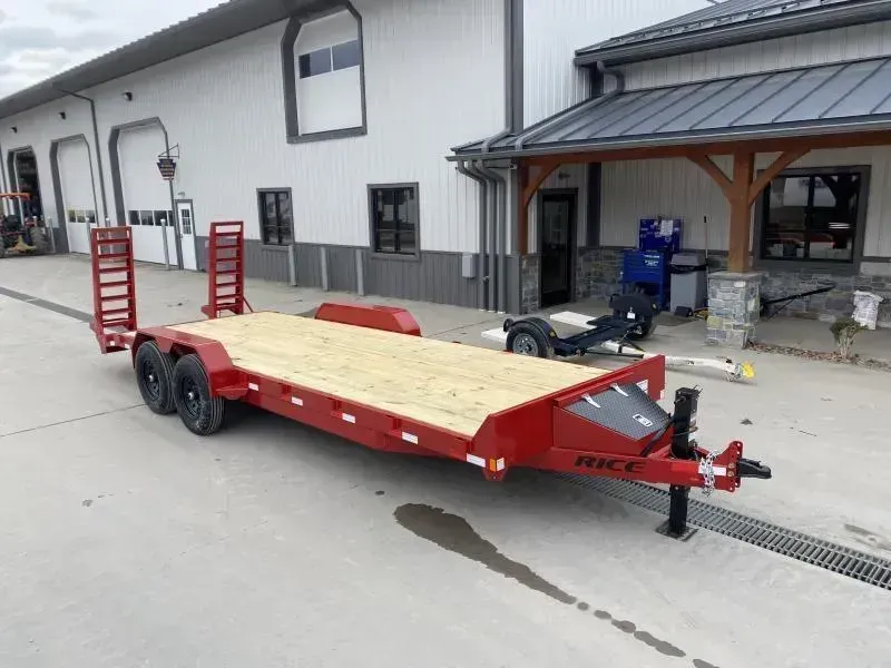 2026 Rice 7x20' Equipment Lowboy Trailer 14000# GVW * RED POWDERCOATED * STAND UP WEDGE RAMPS * TOOLBOX * LED'S * 6" TONGUE AND FRAME * TREADPLATE BEAVERTAIL * DROP LEG JACK * ADJUSTABLE COUPLER