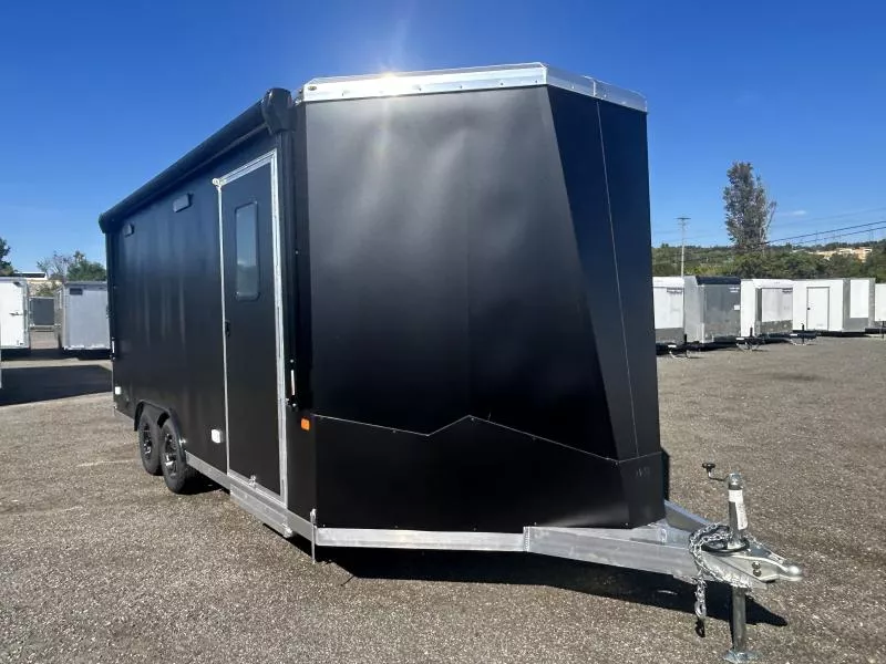 2026 NEO 8.5x18' NAUX Aluminum Enclosed Toy Hauler Trailer 7000# GVW * MATTE BLACK EXTERIOR * AWNING * A/C W HEAT * INSULATED * BLACKOUT TRIM * BASE/OVERHEAD CABINETS * DRT REAR SPOILER * CABLELESS REAR RAMP * ALUMINUM WHEELS * L-TRACK TIE DOWN SYSTEM