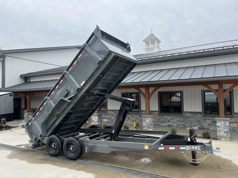 2025 Behnke 7x16' High Side Dump Trailer 20000# GVW * 13-TON 6X28 SCISSOR HOIST * 3' SIDES * DEXTER 8K AXLE UPGRADE * 7GA FLOOR * 17.5" 18-PLY TIRES * DUAL BATTERIES * CHARCOAL * HD FENDERS