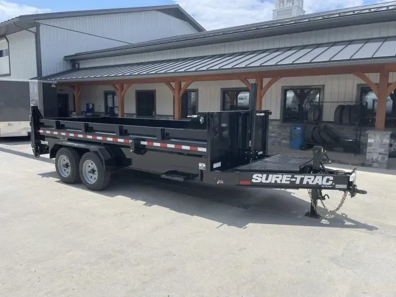 2026 Sure-Trac 7x14' Pro Series I-Beam Dump Trailer 17600# GVW * 8000# AXLES * 17.5" RUBBER * TELESCOPIC HOIST * FRONT/REAR BULKHEAD * OVERSIZE TOOLBOX * INTEGRATED KEYWAY * HD 4-BOLT COUPLER * 110V CHARGER * UNDERMOUNT RAMPS * 12K 2-SPEED JACK