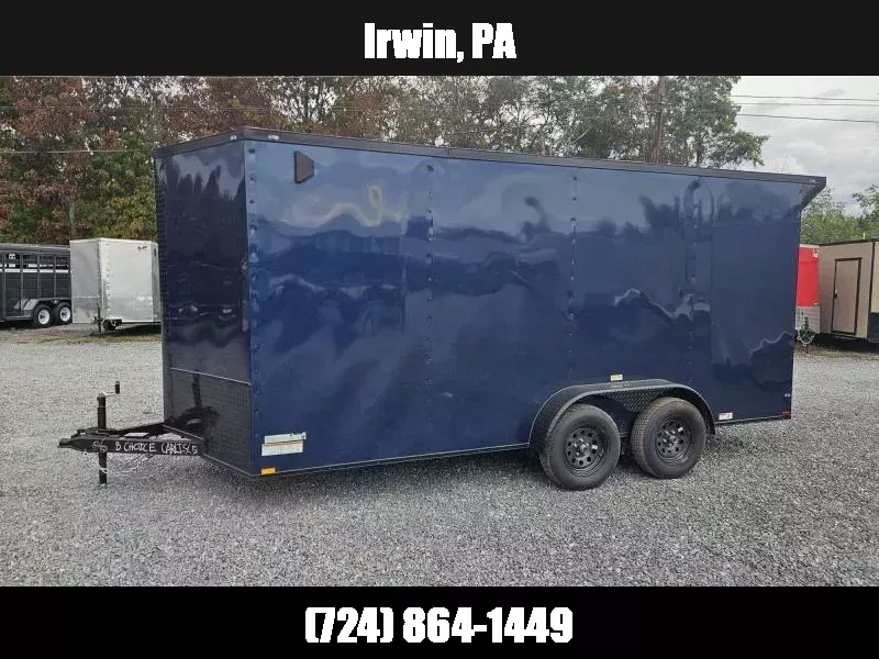 2025 Quality 7x20' Tandem Axle Enclosed Cargo Trailer 7000# GVW * BLACKOUT * 7' HEIGHT * REAR SPOILER * BLUE EXTERIOR * RAMP DOOR * PLYWOOD WALLS & FLOORS * TUBE WALL AND CEILING STUDS * LED LIGHTS * 16" O.C. WALL AND FLOORS * RV DOOR * V-NOSE