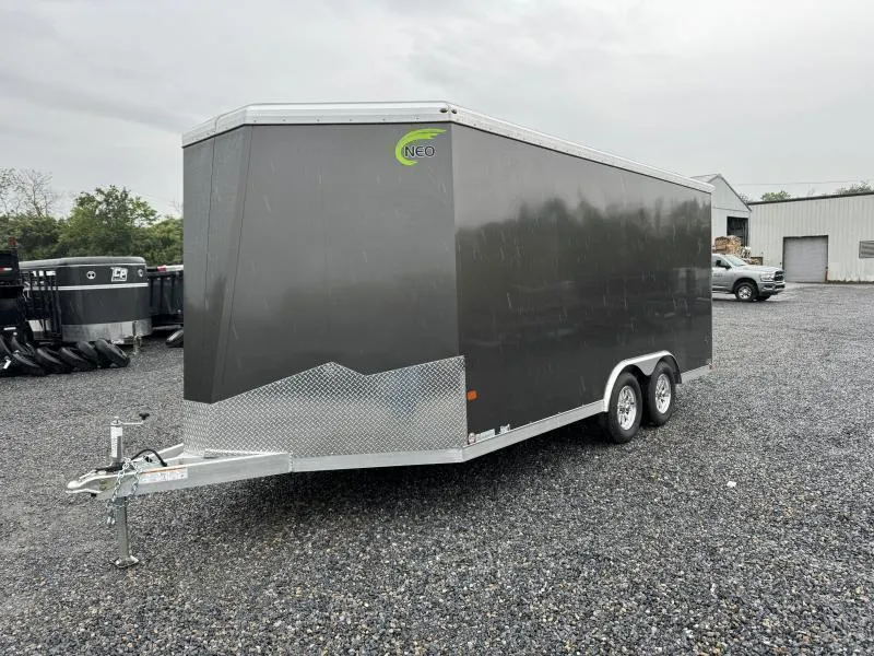 2026 NEO 8.5x16' NAUX Aluminum Enclosed UTV Trailer 7000# GVW * WHITE EXTERIOR * DRT REAR SPOILER * CABLELESS REAR RAMP * NXP LATCH * ROUND TOP/V-NOSE * SCREWLESS * ALUMINUM WHEELS * L-TRACK TIE DOWN SYSTEM * INTEGRATED FRAME