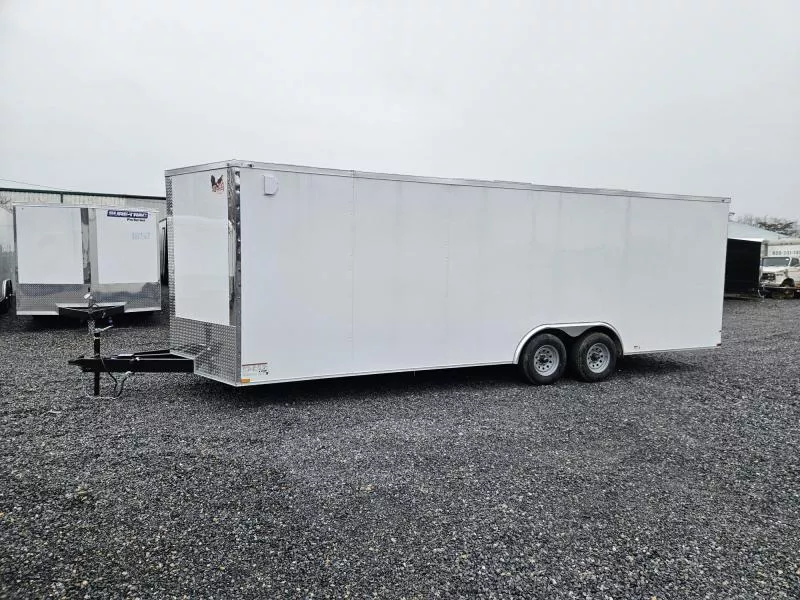 2026 Quality 8.5x24' Enclosed Car Hauler Trailer 9990# GVW * WHITE .080 POLYCOR EXTERIOR * 7' HEIGHT * SEMI-SCREWLESS * HD RAMP DOOR * PLYWOOD WALLS & FLOORS * TUBE WALL AND CEILING STUDS * LED LIGHTS * 16" O.C. WALL AND FLOORS * RV DOOR * V-NOSE