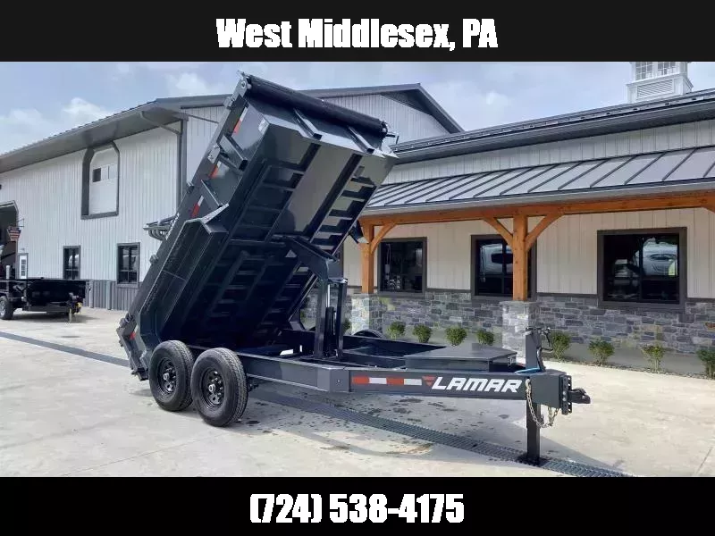 2025 Lamar 7x12' Dump Trailer 14000# GVW * 7GA FLOOR * TARP KIT * UNDERMOUNT RAMPS * SCISSOR HOIST * 12K JACK * CHARCOAL WITH BLACK WHEELS * RIGID RAILS * HD COUPLER * NESTLED I-BEAM FRAME 28" H * 3-WAY GATE * 12" O.C. C/M * SPARE MOUNT 1762978402