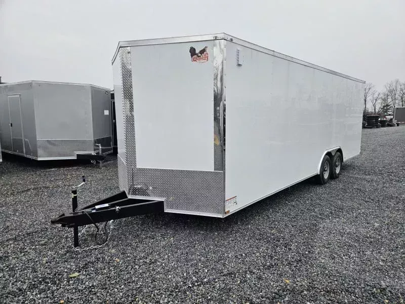 2025 Quality 8.5x24' Enclosed Car Hauler Trailer 9990# GVW * WHITE .080 POLYCOR EXTERIOR * 7' HEIGHT * SEMI-SCREWLESS * HD RAMP DOOR * PLYWOOD WALLS & FLOORS * TUBE WALL AND CEILING STUDS * LED LIGHTS * 16" O.C. WALL AND FLOORS * RV DOOR * V-NOSE