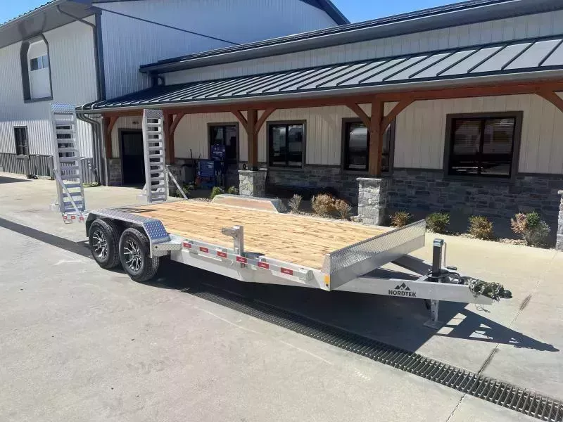 2026 Nordtek 7x18' Aluminum Equipment Trailer 9990# GVW * ALUMINUM STAND UP RAMPS * ALUMINUM WHEELS + MATCHING SPARE * 6" TONGUE AND FRAME * 3" CHANNEL C/M, 16" O.C * STAKE POCKETS/RUBRAIL * 7K DROP LEG JACK * ADJUSTABLE COUPLER