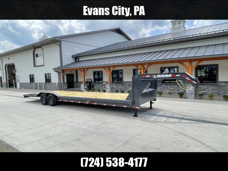 2025 Lamar 102x32' Gooseneck Car Hauler Trailer 14000# GVW * 102" DECK * DRIVE OVER FENDERS * OVERLENGTH 7' SLIDE IN RAMPS * 4' DOVETAIL * RUBRAIL * SWIVEL JACKS * UNDER FRAME BRIDGE * DUAL JACKS * FULL TOOLBOX * CHARCOAL W/ BLACK WHEELS 1750183923