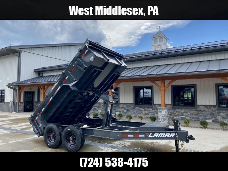 2025 Lamar 7x12' Dump Trailer 14000# GVW * DROP AXLES * HD AXLE BEAM *  REAR JACKSTANDS * 17.5 16-PLY TIRES * 12" O.C. C/M * 7GA FLOOR  * TARP KIT * SCISSOR HOIST * 12K JACK * CHARCOAL * RIGID RAILS * HD COUPLER * NESTLED I-BEAM FRAME 1750184069