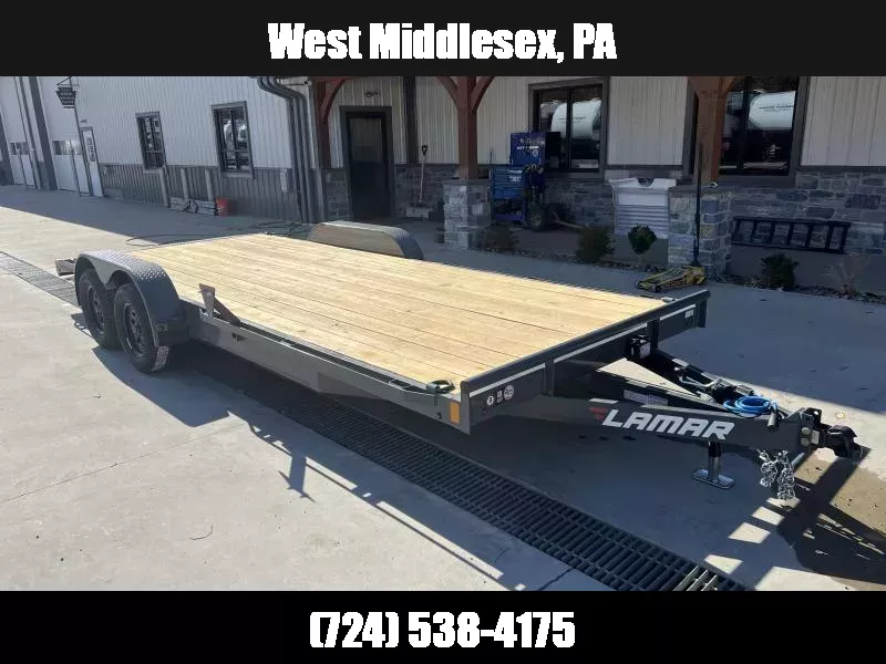 2026 Lamar 7x20 7000# Wood Deck Car Hauler Trailer * ADJUSTABLE COUPLER * DROP LEG JACK * REMOVABLE FENDERS * EXTRA STAKE POCKETS * CHARCOAL * 4 D-RINGS * 5" CHANNEL FRAME * COLD WEATHER HARNESS * REAR RAMPS 1762455127
