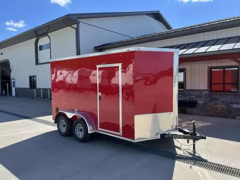 2025 Quality 7x12' Tandem Axle Enclosed Cargo Trailer 7000# GVW * TAN POLYCOR .080 EXTERIOR * SEMI-SCREWLESS * 7' INTERIOR * RAMP DOOR * PLYWOOD WALLS & FLOORS * TUBE WALL & CEILING STUDS * 16" O.C. WALL & FLOORS * RV DOOR * V-NOSE