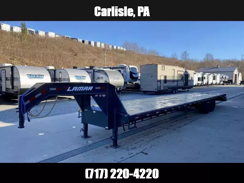 NEW Lamar 102x40' Gooseneck Beavertail Deckover Trailer 30000# * FULL WIDTH RAMPS * 17.5" 16-PLY LRH TIRES * CHARCOAL * 12" / 22# I-BEAM * 15000# TANDEM DUALS * UNDER FRAME BRIDGE * TORQUE TUBE