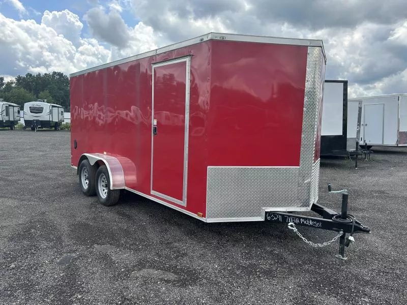 2025 Quality 7x16' Tandem Axle Enclosed Cargo Trailer 7000# GVW * RED EXTERIOR * RAMP DOOR * PLYWOOD WALLS & FLOORS * TUBE WALL AND CEILING STUDS * LED LIGHTS * 16" O.C. WALL AND FLOORS * RV DOOR * V-NOSE