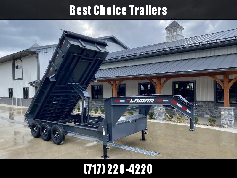 2021 Lamar 7x16' Gooseneck Dump Trailer 21000# GVW * DUAL JACKS * FULL TOOLBOX * OIL BATH * REAR JACKSTANDS * 7GA FLOOR * TRIPLE AXLE * TARP KIT * OVERSIZE 6X21.5" SCISSOR HOIST * CHARCOAL * RIGID RAILS * NESTLED I-BEAM FRAME 28" H * 12" O.C. C/M 2021 Lamar 7x16' Gooseneck Dump Trailer 21000# GVW * DUAL JACKS * FULL TOOLBOX * OIL BATH * REAR JACKSTANDS * 7GA FLOOR * TRIPLE AXLE * TARP KIT * OVERSIZE 6X21.5" SCISSOR HOIST * CHARCOAL * RIGID RAILS * NESTLED I-BEAM FRAME 28" H * 12" O.C. C/M