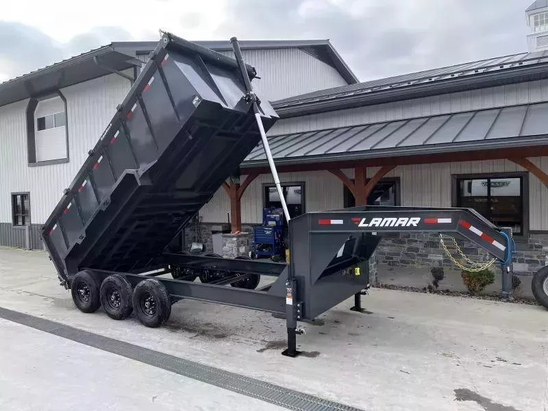 2026 Lamar 7x16' Gooseneck High Side Dump Trailer 21000# GVW * TELESCOPIC HOIST * REAR JACKSTANDS * 4' HIGH SIDES * 7GA FLOOR * TARP KIT * UNDERMOUNT RAMPS * DUAL 12K JACKS * RIGID RAILS * FULL TOOLBOX * NESTLED I-BEAM FRAME * COMBO GATE * 12" O.C