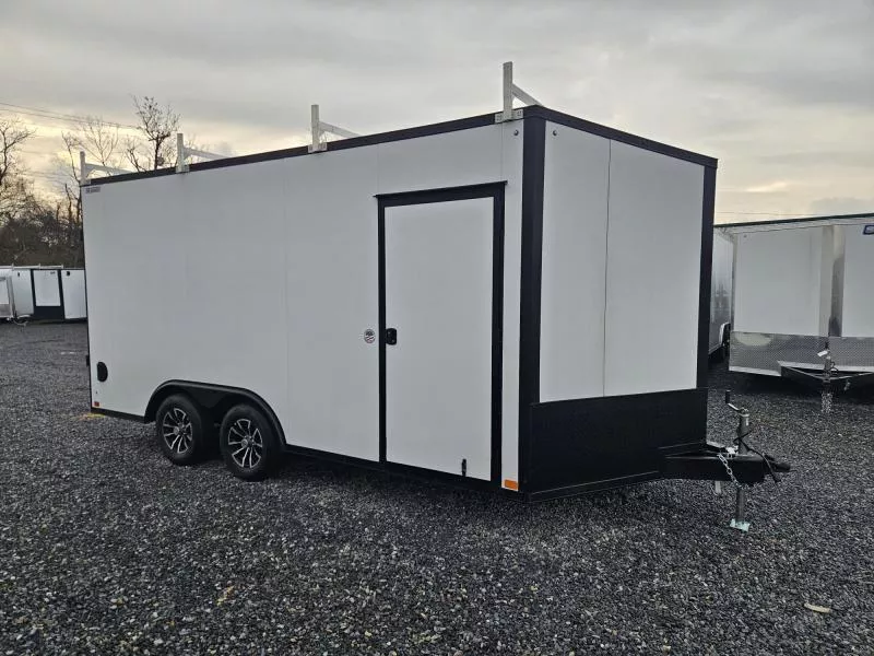 2026 ITI Cargo 8.5x16 Enclosed Cargo Trailer 7000# GVW * WHITE BLACKOUT EXTERIOR * SCREWLESS EXTERIOR * POLYCOR .080 * 7' HEIGHT * 4 LADDER RACKS * ALUMINUM WHEELS * 1 PC ALUMINUM ROOF * TRUCKBED LINER ON TONGUE/SILLS * UNDERCOATED
