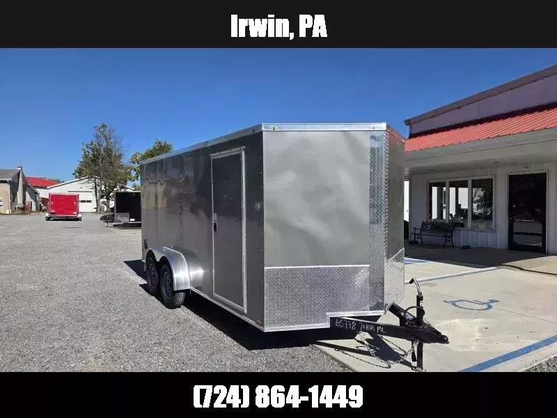 2026 Quality 7x16' Tandem Axle Enclosed Cargo Trailer 7000# GVW * SILVER .080 POLYCOR EXTERIOR * SEMI-SCREWLESS * RAMP DOOR * PLYWOOD WALLS & FLOORS * TUBE WALL AND CEILING STUDS * LED LIGHTS * 16" O.C. WALL AND FLOORS * RV DOOR * V-NOSE