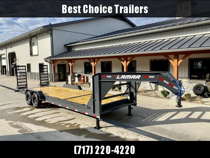 2023 Lamar 7x24' Gooseneck Equipment Trailer 14000# GVW * STAND UP DELUXE RAMPS * RUBRAIL * 4 D-RINGS * DUAL JACKS * SPARE TIRE * CHARCOAL W/ BLACK WHEELS * CLEARANCE 2023 Lamar 7x24' Gooseneck Equipment Trailer 14000# GVW * STAND UP DELUXE RAMPS * RUBRAIL * 4 D-RINGS * DUAL JACKS * SPARE TIRE * CHARCOAL W/ BLACK WHEELS * CLEARANCE