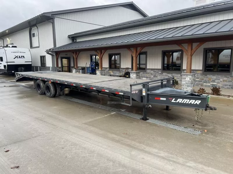USED Lamar 102x32' Pintle Beavertail Deckover Trailer 25900# * 12K DEXTER AXLES * FULL WIDTH RAMPS * CHARCOAL * 12" / 19# I-BEAM * DEXTER TANDEM DUALS * FRONT TOOLBOX / DUAL JACKS * UNDER FRAME BRIDGE