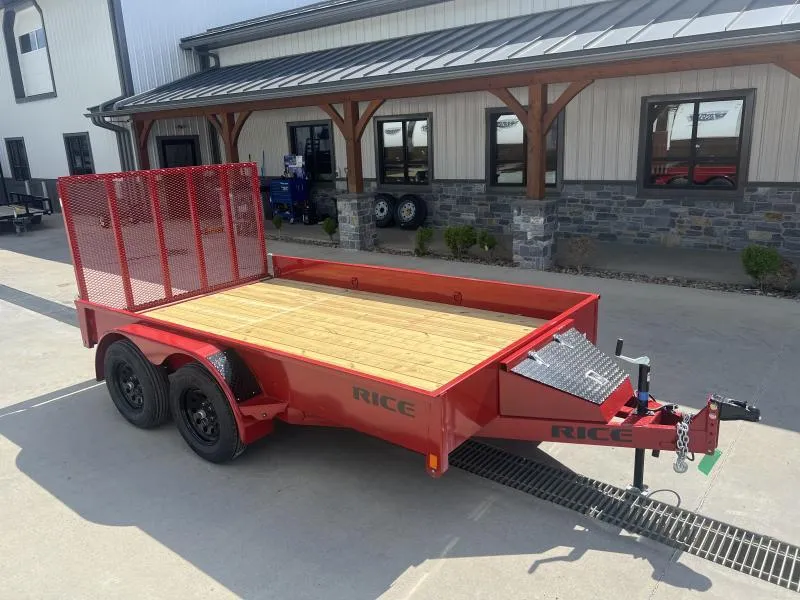 2026 Rice Trailers 7x14' Steel High Side Landscape Utility Trailer 7000# GVW * ORANGE * TRIPLE TUBE TONGUE * ADJUSTABLE COUPLER * SETBACK JACK * TOOLBOX * 2x2" TUBE GATE W/SPRING ASSIST * 8 D-RING TIE DOWNS * 15" RADIALS * BULLET LEDS * POWDERCOAT