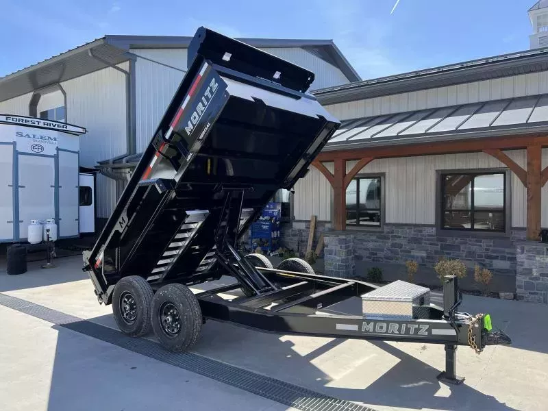 2026 Moritz 7x12' Low Profile Dump Trailer 12000# GVW * DEXTER AXLES * TORSION SUSPENSION * WET COAT PAINT * 24" SIDES * 8" I-BEAM FRAME * ALUMINUM RAMPS & TOOLBOX * 4-BOLT COUPLER * COMBO GATE * KEYWAY IN SIDES