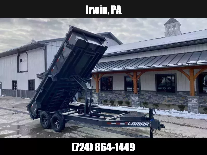 2025 Lamar 7x16' Dump Trailer 14000# GVW * 7GA FLOOR * TARP KIT * UNDERMOUNT RAMPS * SCISSOR HOIST * 12K JACK * CHARCOAL * RIGID RAILS * HD COUPLER * NESTLED I-BEAM FRAME 28" H * COMBO GATE * 12" O.C. C/M 1750184082