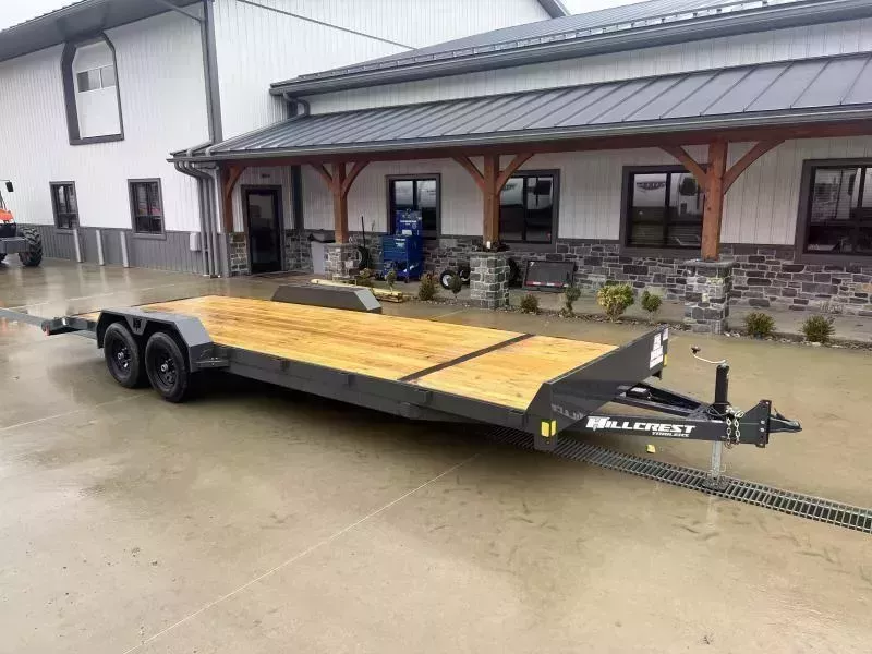 2026 Hillcrest Trailers 7x22' Car Hauler Trailer 9990# GVW * 5" CHANNEL TONGUE & FRAME * CHARCOAL POWER COAT * ADJUSTABLE COUPLER * SET BACK JACK * TRIPLE TUBE TONGUE * REAR SLIDE OUT RAMPS * 4 D-RINGS * 3" CHANNEL CROSSMEMBERS * REMOVABLE FENDERS