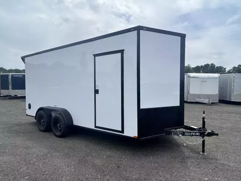 2026 Quality 7x16' Tandem Axle Enclosed Cargo Trailer 7000# GVW * WHITE EXTERIOR * BLACKOUT PKG * .080 POLYCOR * RAMP DOOR * PLYWOOD WALLS & FLOORS * TUBE WALL AND CEILING STUDS * LED LIGHTS * 16" O.C. WALL AND FLOORS * RV DOOR * V-NOSE