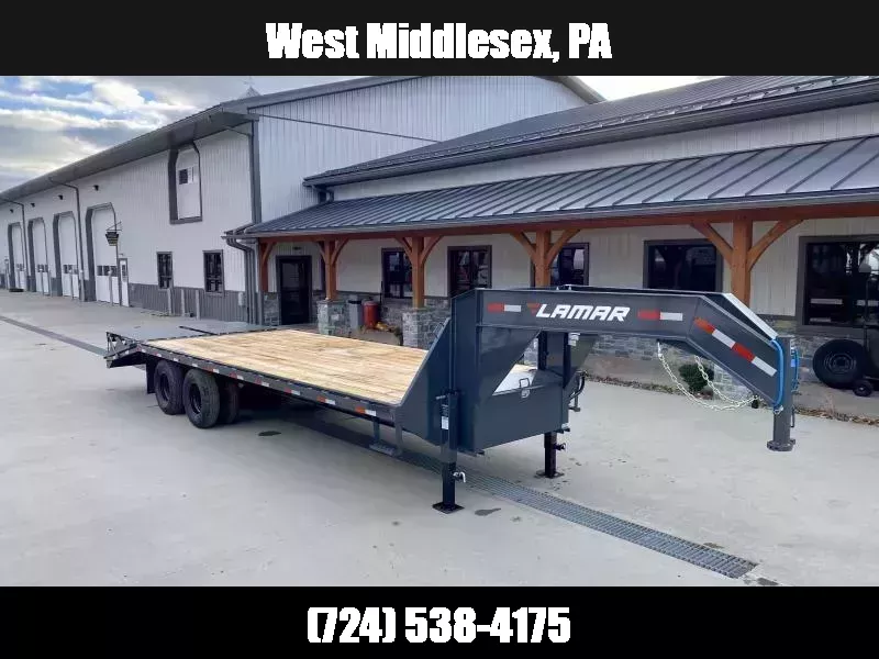2025 Lamar 102x25' Gooseneck Beavertail Deckover Trailer 22500# * FULL WIDTH RAMPS * CHARCOAL * 12" / 19# I-BEAM *  FRONT TOOLBOX / DUAL JACKS * UNDER FRAME BRIDGE 1750861052