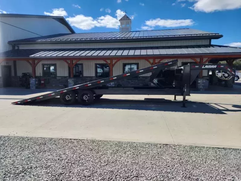 2026 Lamar 102x26' Gooseneck Deckover Power Tilt Trailer 16000# GVW * 8000# AXLES * SCISSOR HOIST UPGRADE * FRONT TOOLBOX * CHARCOAL POWDERCOAT * 10" I-BEAM FRAME+NECK * 6" DOUBLE CHANNEL BED RUNNER * WINCH PLATE * DUAL JACKS