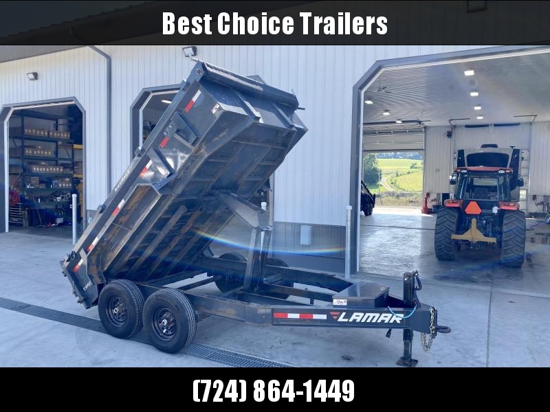 USED 2019 Lamar 7x12' Dump Trailer 14000# GVW * 7GA FLOOR * TARP KIT * UNDERMOUNT RAMPS * SCISSOR HOIST * 12K JACK * CHARCOAL WITH BLACK WHEELS * RIGID RAILS * HD COUPLER * NESTLED I-BEAM FRAME 28" H * 3-WAY GATE * 12" O.C. C/M * SPARE MOUNT USED 2019 Lamar 7x12' Dump Trailer 14000# GVW * 7GA FLOOR * TARP KIT * UNDERMOUNT RAMPS * SCISSOR HOIST * 12K JACK * CHARCOAL WITH BLACK WHEELS * RIGID RAILS * HD COUPLER * NESTLED I-BEAM FRAME 28" H * 3-WAY GATE * 12" O.C. C/M * SPARE MOUNT