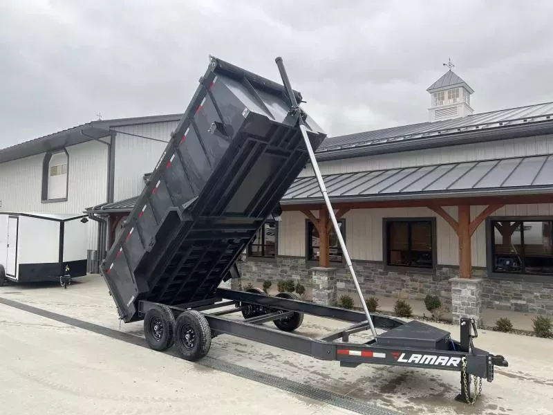 2026 Lamar 7x16' High Side Dump Trailer 14000# GVW * 11-TON TELESCOPIC HOIST * 4' HIGH SIDES * 7GA FLOOR * TARP KIT * UNDERMOUNT RAMPS * 12K JACK * CHARCOAL * RIGID RAILS * HD COUPLER * NESTLED I-BEAM FRAME * 3-WAY GATE * 12" O.C. C/M