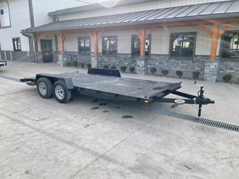 2026 AMO 7x18' Steel Deck Car Trailer 7000# GVW * LED TAIL LIGHTS * STACKED CHANNEL TONGUE/FRAME * BEAVERTAIL * REMOVABLE FENDERS * 2-AXLE BRAKES * STEEL FLOOR