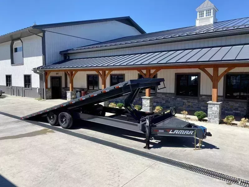 2026 Lamar 102x26' Deckover Power Tilt Trailer 14000# GVW * SCISSOR HOIST UPGRADE * LARGE FRONT TOOLBOX * CHARCOAL POWDERCOAT * 10" I-BEAM FRAME+NECK * 6" CHANNEL BED RUNNER * WINCH PLATE * DUAL JACKS